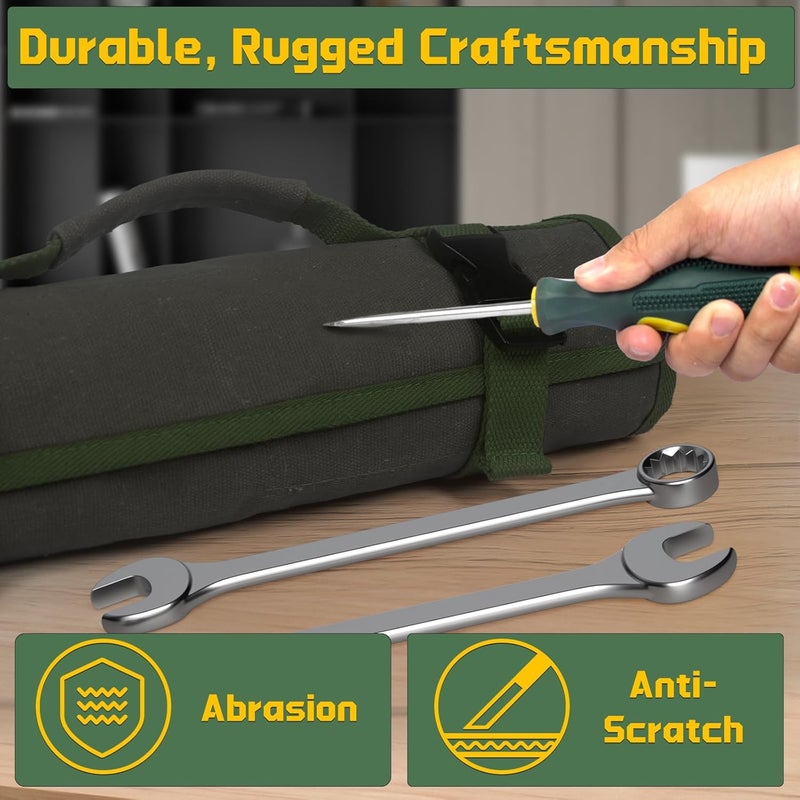 lelezone Heavy-Duty 32-Pocket Wrench Roll-Up Organizer - Made with 16 oz. Waxed Canvas, Fits Metric & SAE Wrenches, Perfect for Mechanics, DIYers, and Tool Storage (Army Green) - Image 3